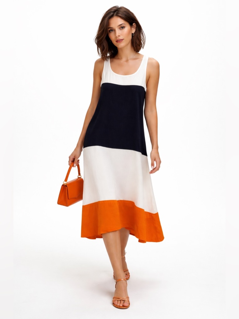 Bailey 44 “To the Max” Silk Colorblock Tank Dress | Navy White Orange | Sz. M